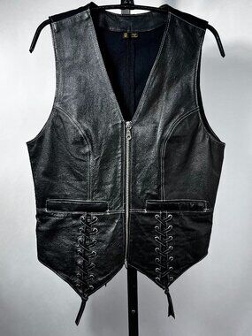 VTG HARLEY-DAVIDSON Women's Vest Black Leather Zipper Lace Stitch Embroidered M